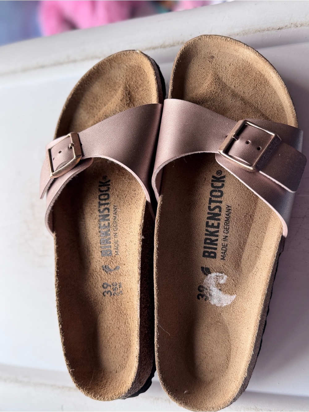 Birkenstock Single-Strap Sandals in Metallic Rose